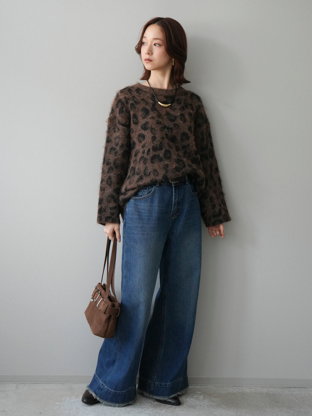 [SET]レオパードシャギーニットプルオーバー+裏起毛裾フリンジワイドデニムパンツ(2set)