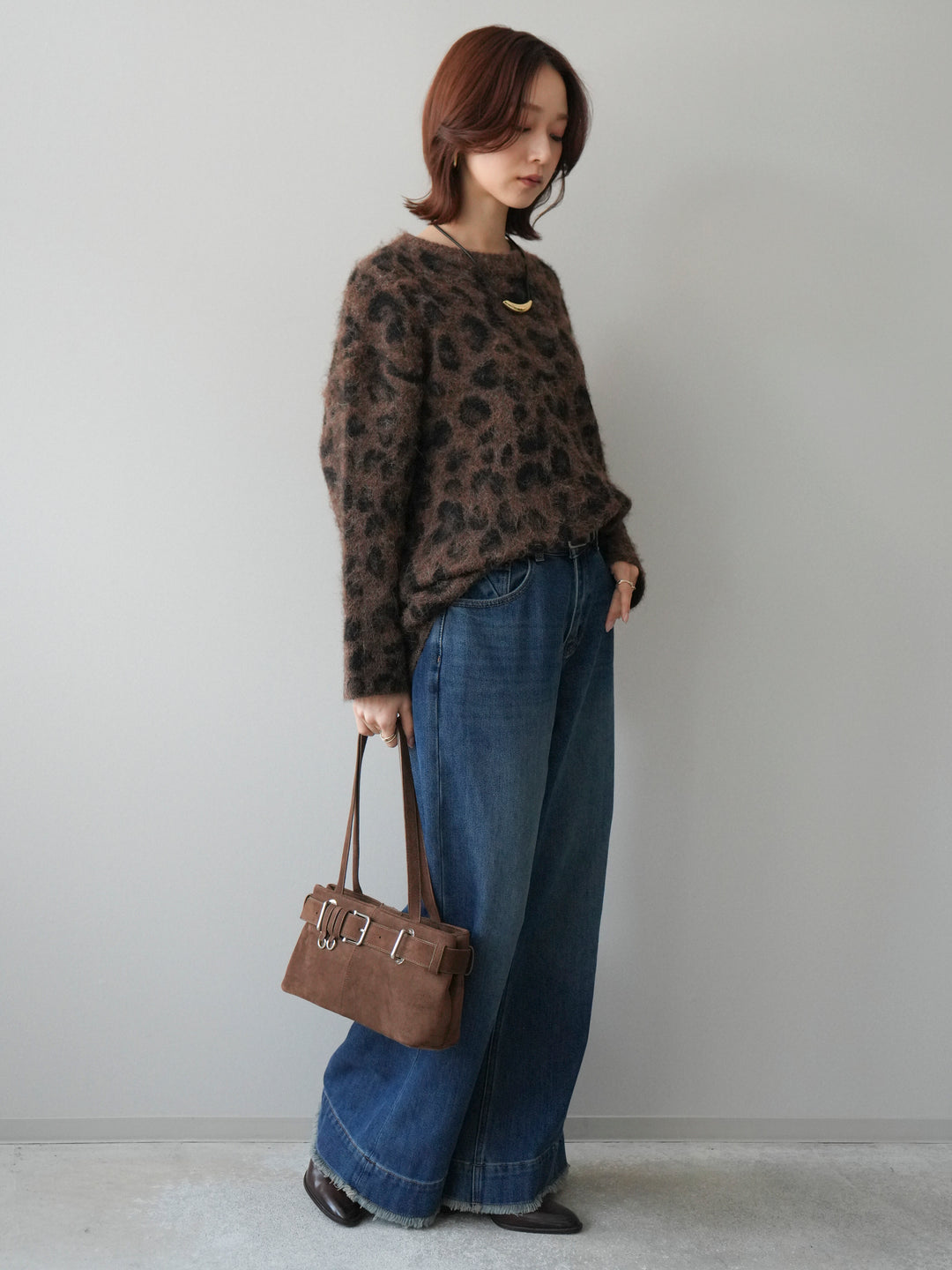 [SET]レオパードシャギーニットプルオーバー+裏起毛裾フリンジワイドデニムパンツ(2set)