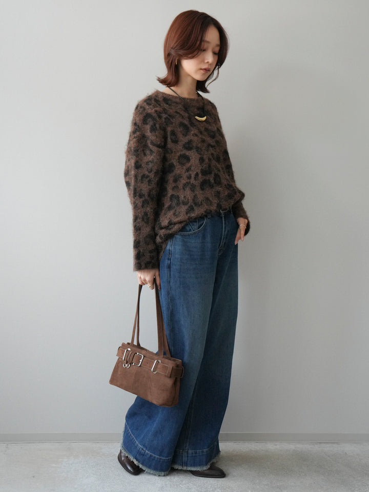 [SET]レオパードシャギーニットプルオーバー+裏起毛裾フリンジワイドデニムパンツ(2set)