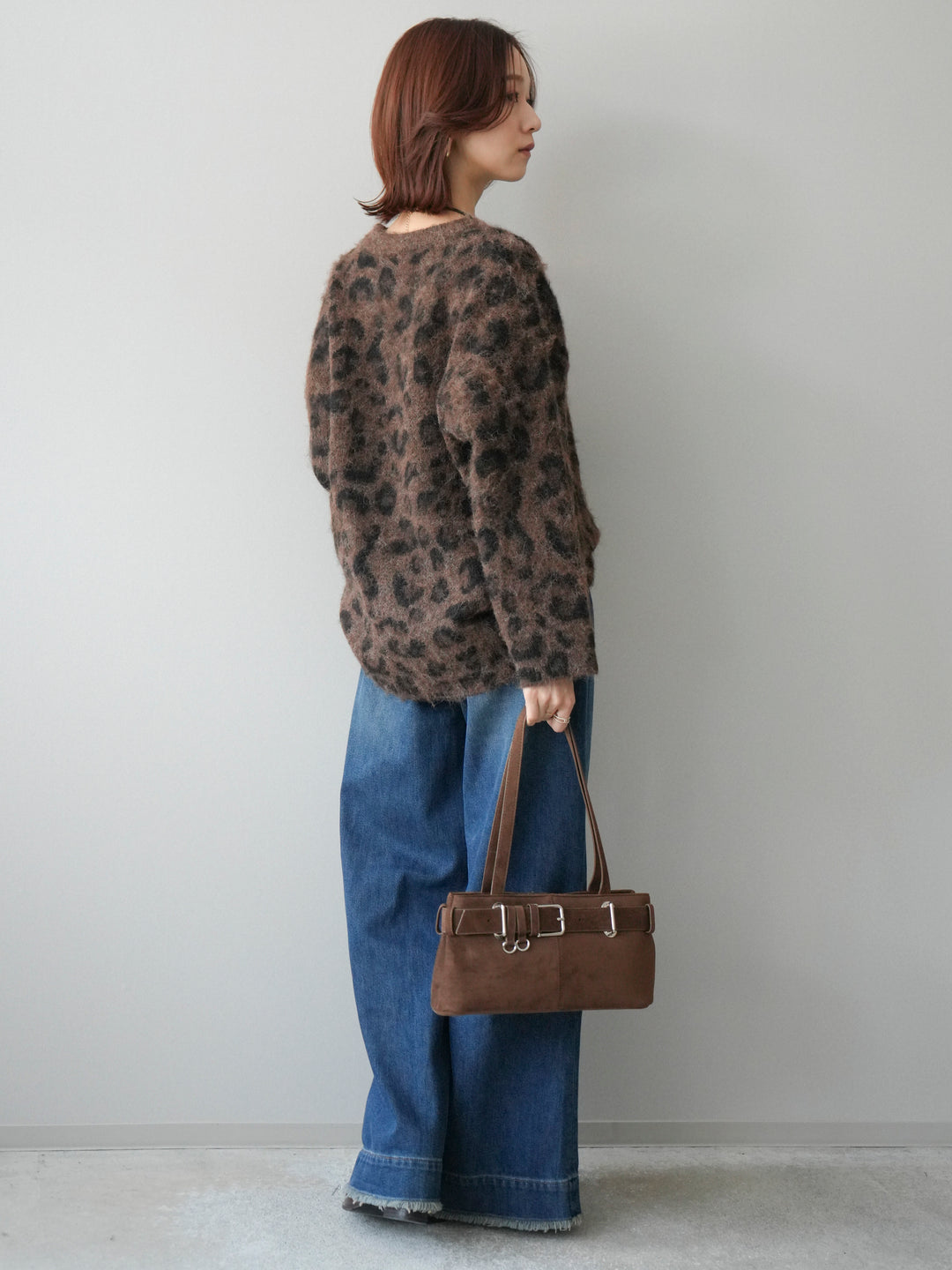 [SET]レオパードシャギーニットプルオーバー+裏起毛裾フリンジワイドデニムパンツ(2set)