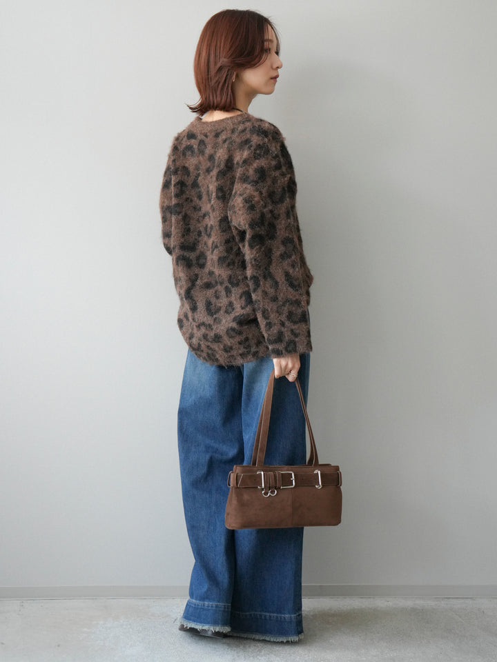 [SET]レオパードシャギーニットプルオーバー+裏起毛裾フリンジワイドデニムパンツ(2set)