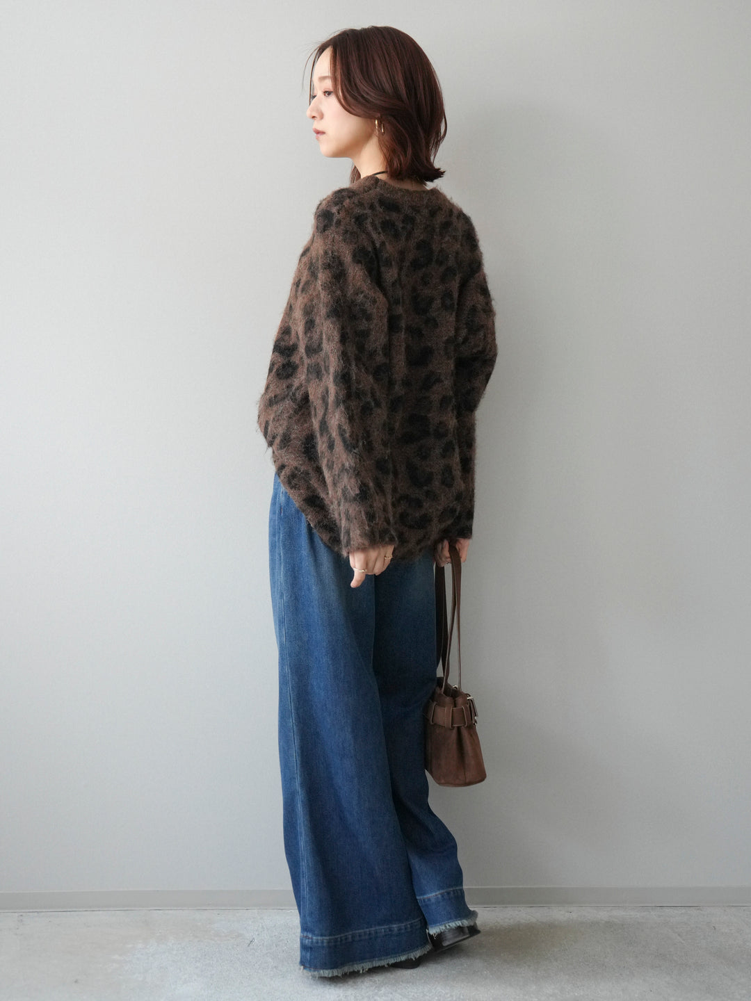[SET]レオパードシャギーニットプルオーバー+裏起毛裾フリンジワイドデニムパンツ(2set)
