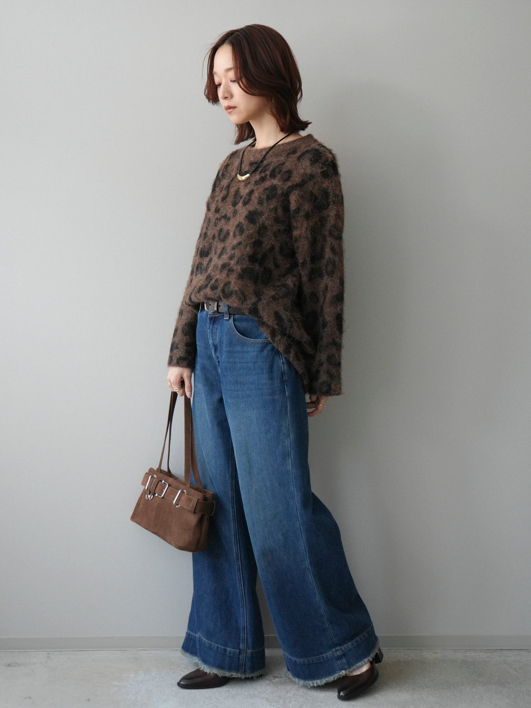 [SET]レオパードシャギーニットプルオーバー+裏起毛裾フリンジワイドデニムパンツ(2set)
