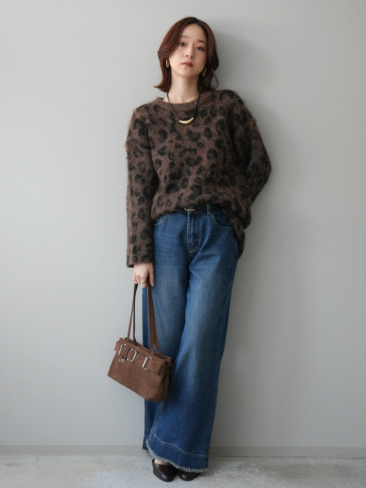[SET]レオパードシャギーニットプルオーバー+裏起毛裾フリンジワイドデニムパンツ(2set)