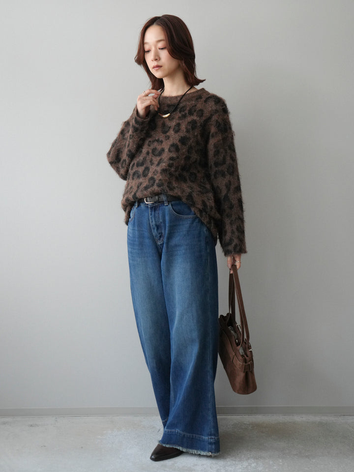 [SET]レオパードシャギーニットプルオーバー+裏起毛裾フリンジワイドデニムパンツ(2set)