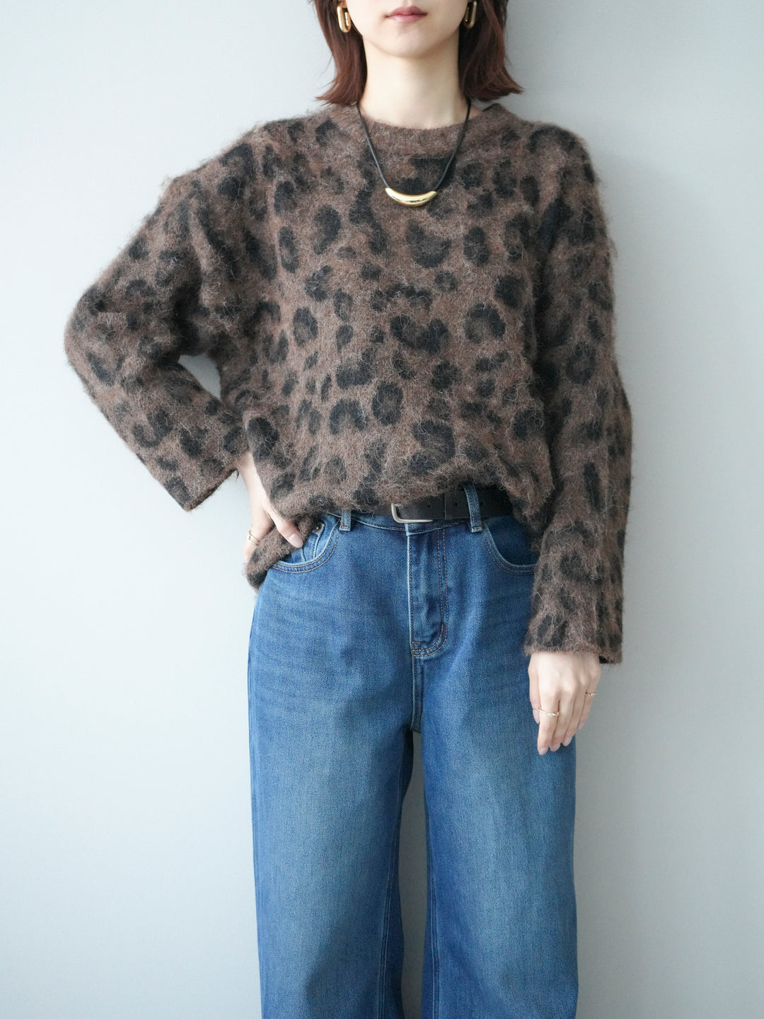 [SET]レオパードシャギーニットプルオーバー+裏起毛裾フリンジワイドデニムパンツ(2set)
