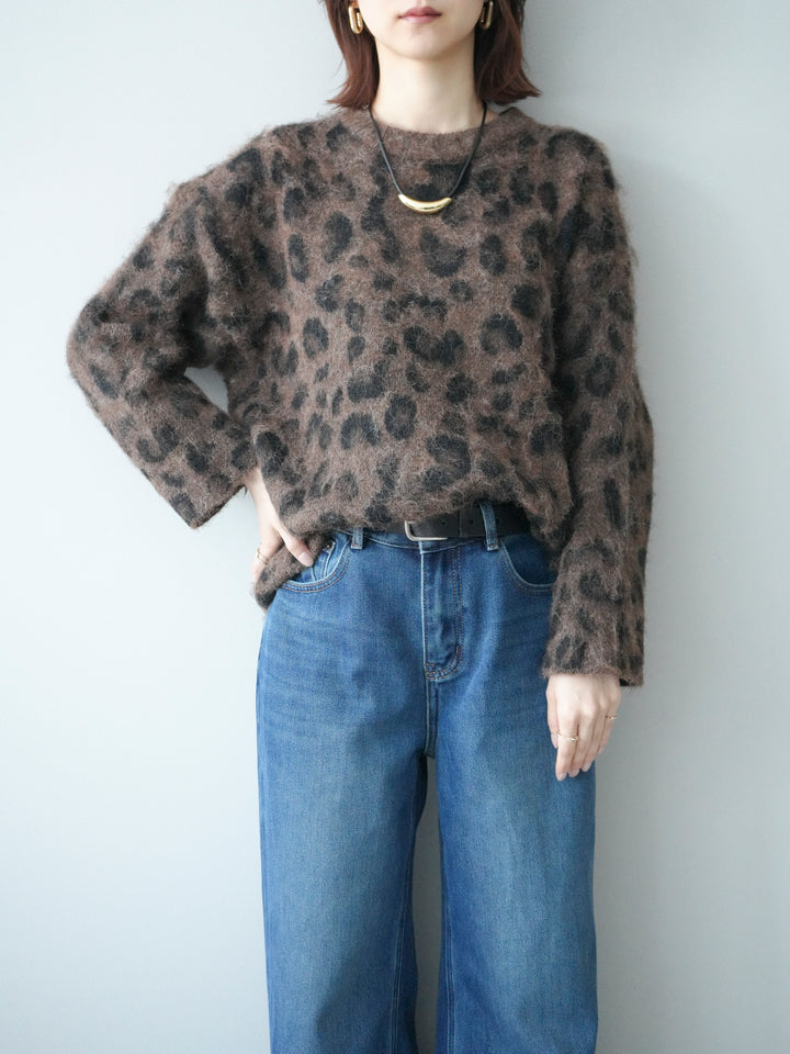 [SET]レオパードシャギーニットプルオーバー+裏起毛裾フリンジワイドデニムパンツ(2set)