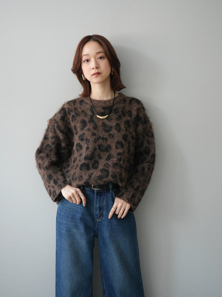 [SET]レオパードシャギーニットプルオーバー+裏起毛裾フリンジワイドデニムパンツ(2set)
