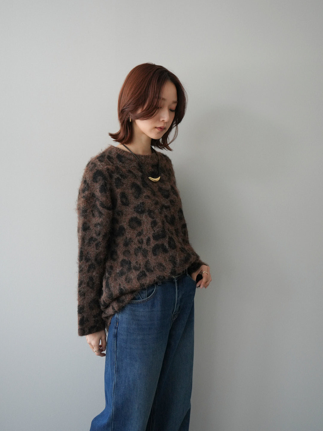 [SET]レオパードシャギーニットプルオーバー+裏起毛裾フリンジワイドデニムパンツ(2set)