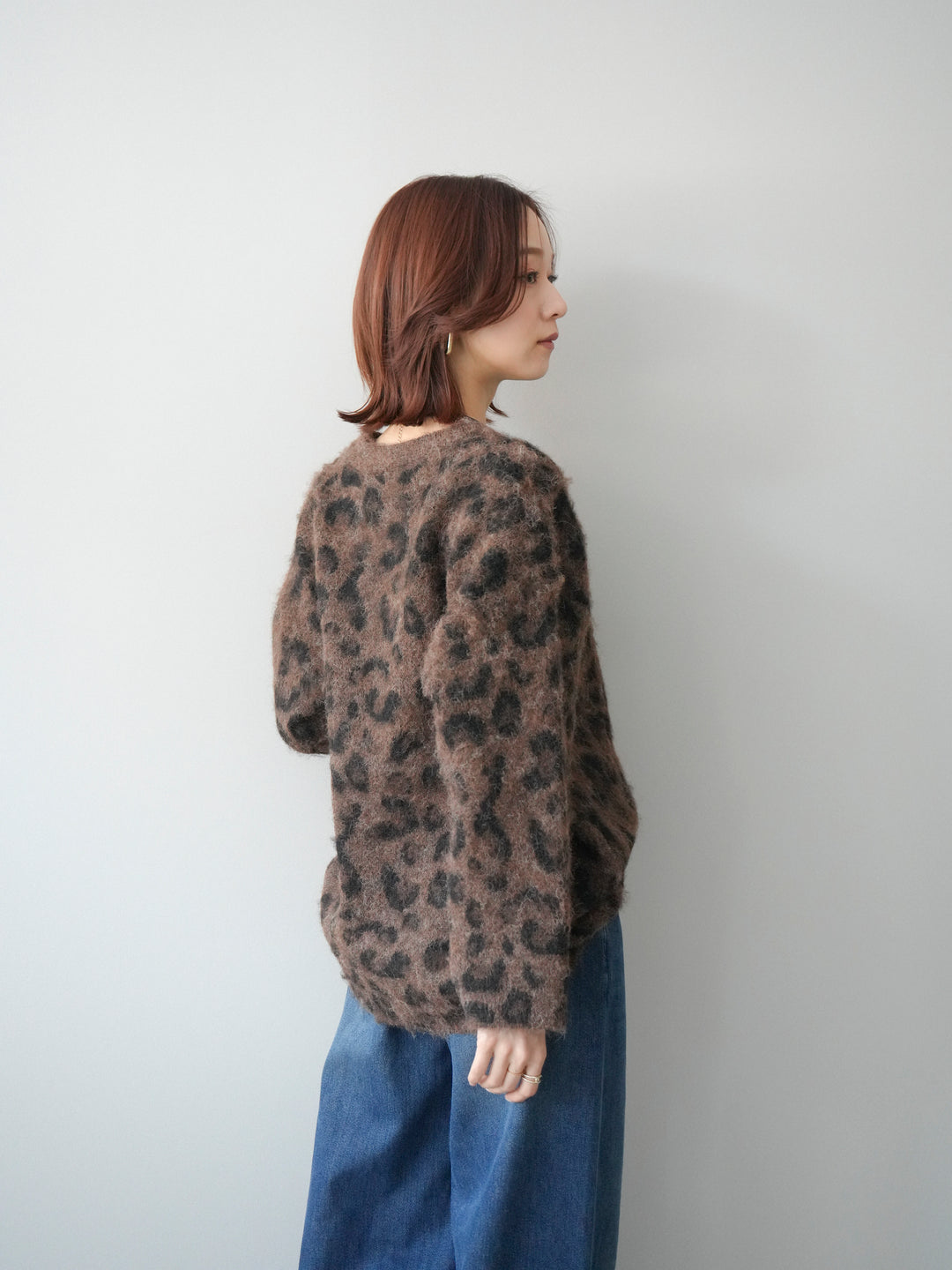 [SET]レオパードシャギーニットプルオーバー+裏起毛裾フリンジワイドデニムパンツ(2set)