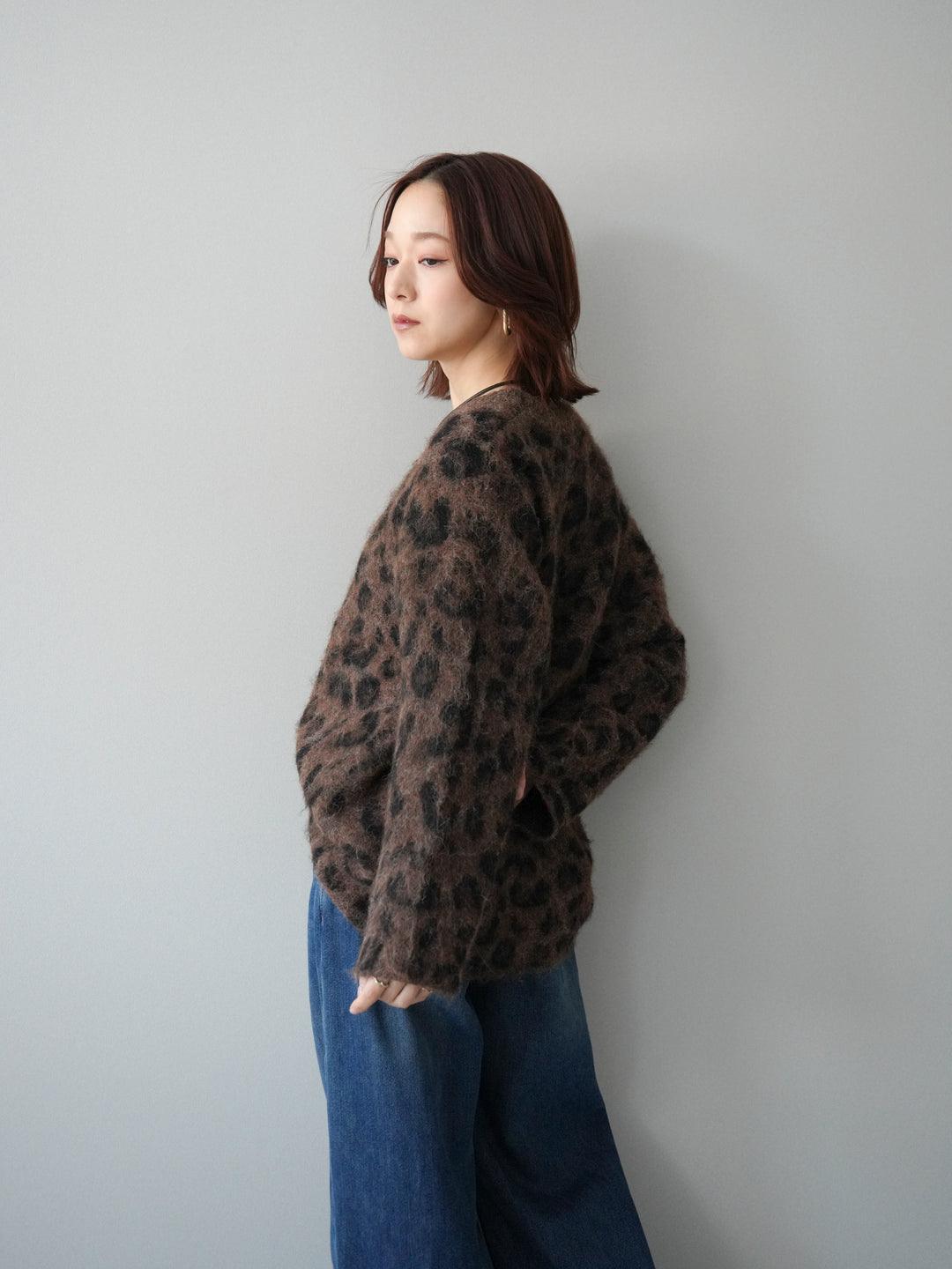 [SET]レオパードシャギーニットプルオーバー+裏起毛裾フリンジワイドデニムパンツ(2set)