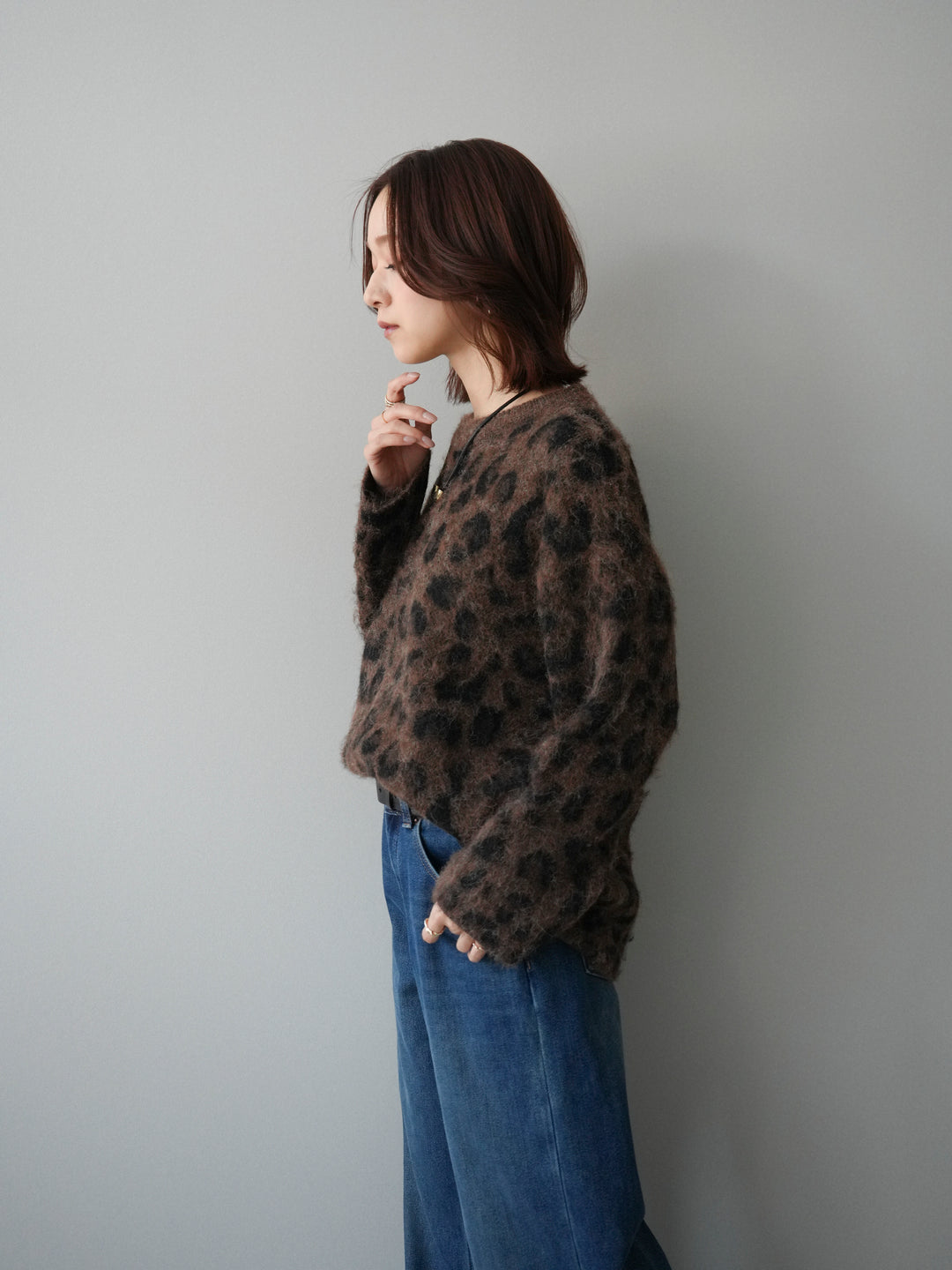 [SET]レオパードシャギーニットプルオーバー+裏起毛裾フリンジワイドデニムパンツ(2set)