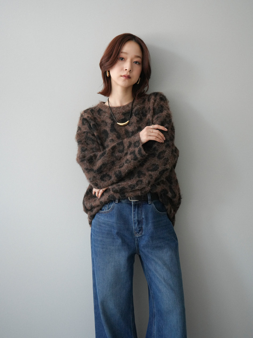 [SET]レオパードシャギーニットプルオーバー+裏起毛裾フリンジワイドデニムパンツ(2set)