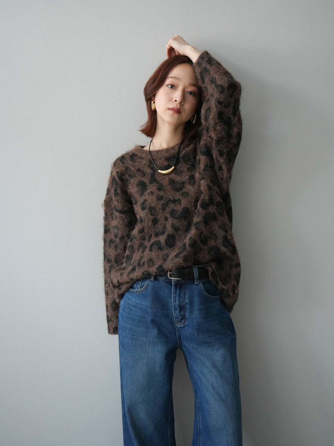 [SET]レオパードシャギーニットプルオーバー+裏起毛裾フリンジワイドデニムパンツ(2set)