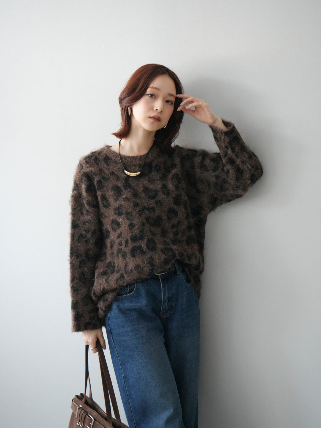 [SET]レオパードシャギーニットプルオーバー+裏起毛裾フリンジワイドデニムパンツ(2set)