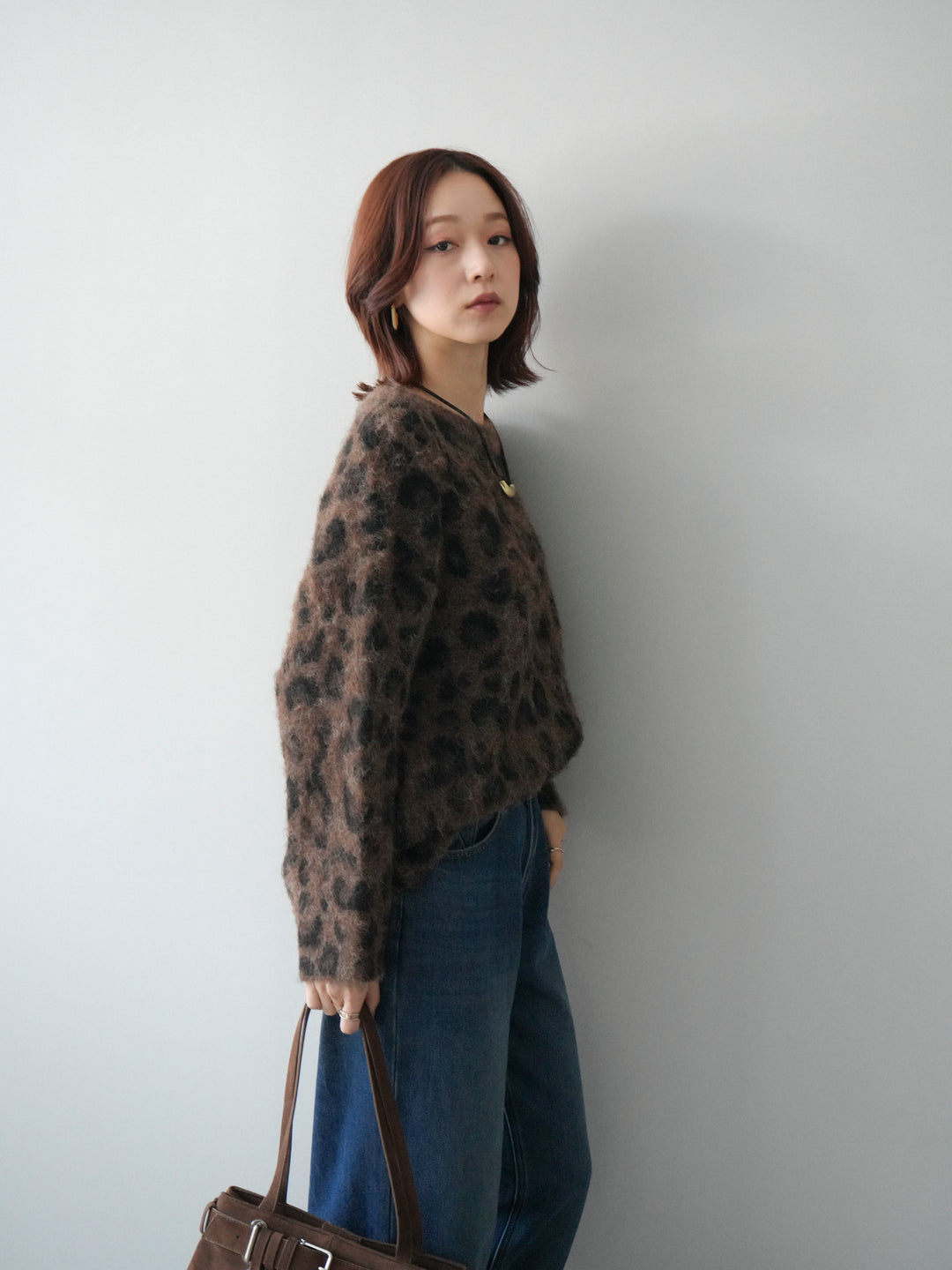 [SET]レオパードシャギーニットプルオーバー+裏起毛裾フリンジワイドデニムパンツ(2set)