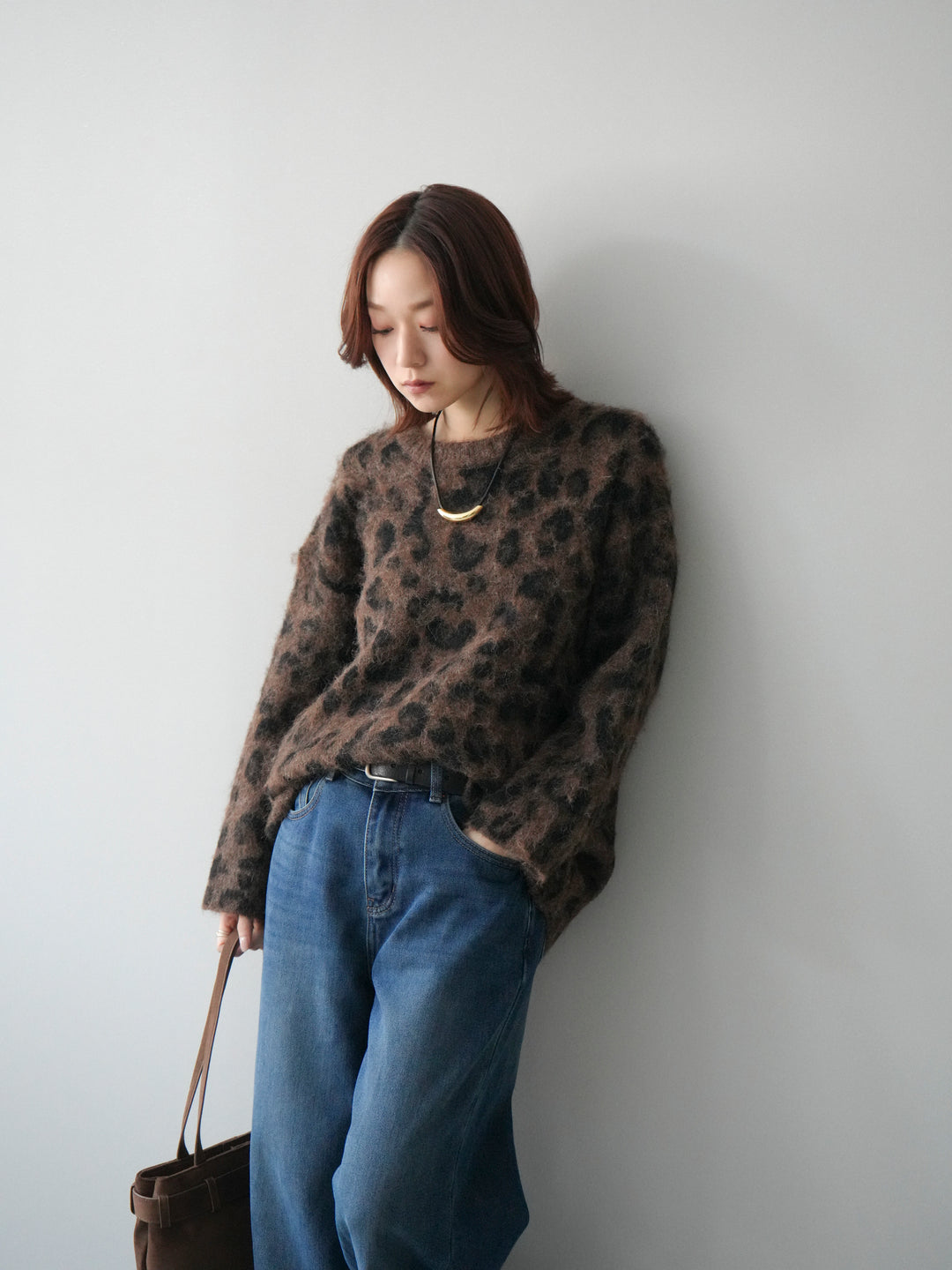 [SET]レオパードシャギーニットプルオーバー+裏起毛裾フリンジワイドデニムパンツ(2set)