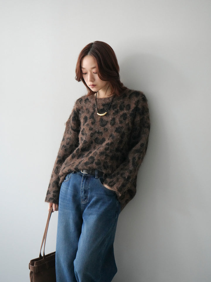 [SET]レオパードシャギーニットプルオーバー+裏起毛裾フリンジワイドデニムパンツ(2set)