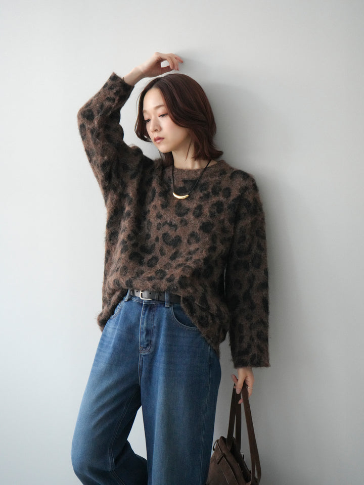 [SET]レオパードシャギーニットプルオーバー+裏起毛裾フリンジワイドデニムパンツ(2set)