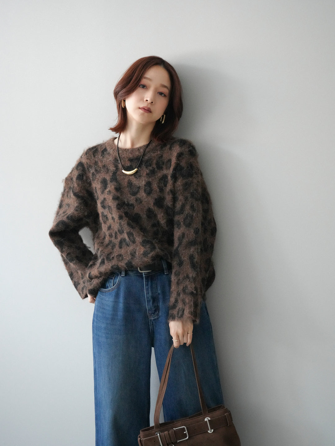 [SET]レオパードシャギーニットプルオーバー+裏起毛裾フリンジワイドデニムパンツ(2set)