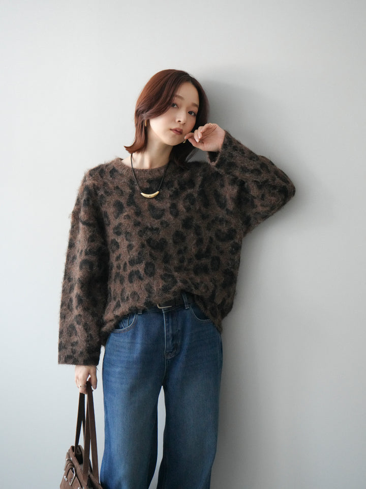 [SET]レオパードシャギーニットプルオーバー+裏起毛裾フリンジワイドデニムパンツ(2set)