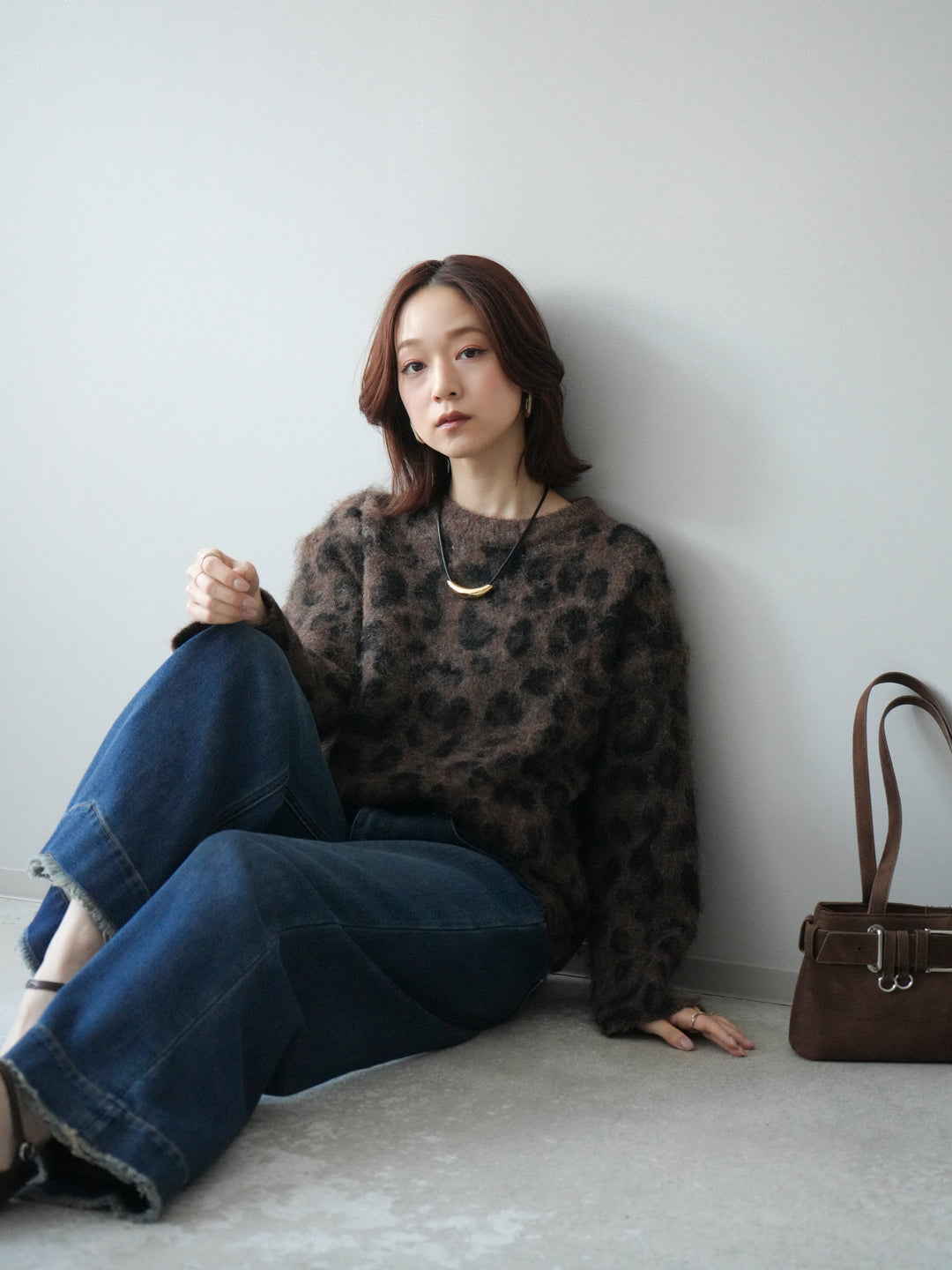 [SET]レオパードシャギーニットプルオーバー+裏起毛裾フリンジワイドデニムパンツ(2set)