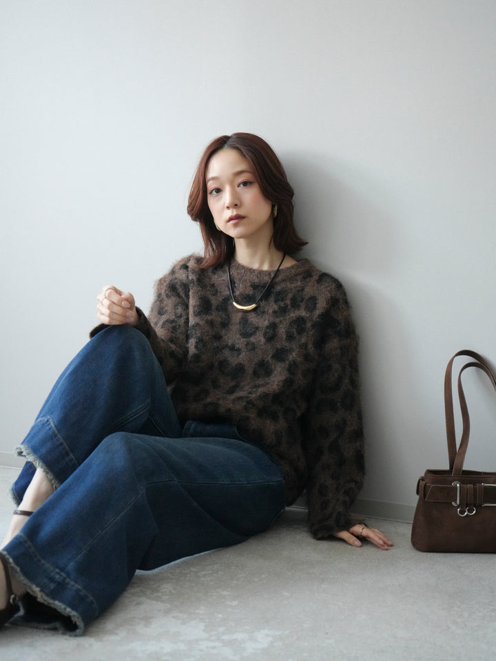 [SET]レオパードシャギーニットプルオーバー+裏起毛裾フリンジワイドデニムパンツ(2set)