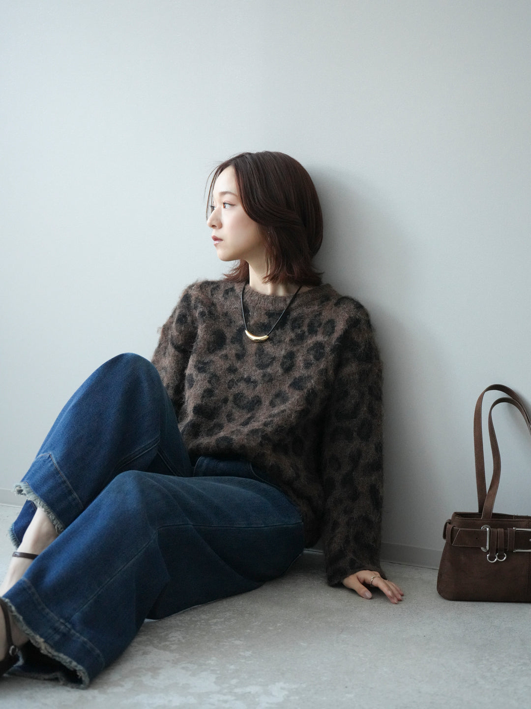 [SET]レオパードシャギーニットプルオーバー+裏起毛裾フリンジワイドデニムパンツ(2set)