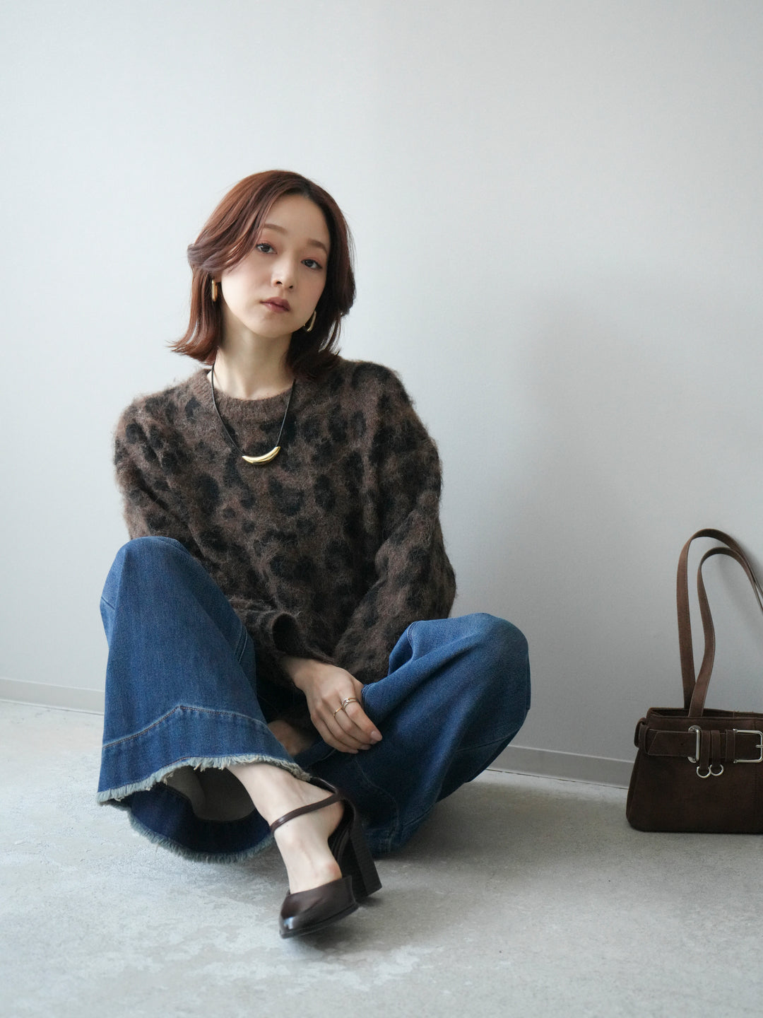 [SET]レオパードシャギーニットプルオーバー+裏起毛裾フリンジワイドデニムパンツ(2set)