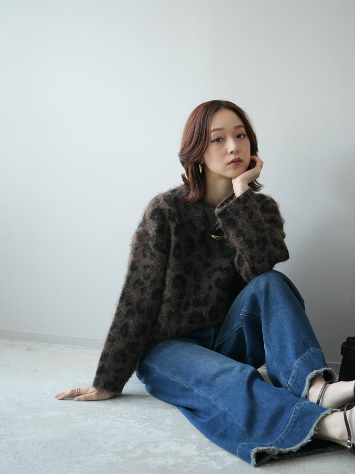 [SET]レオパードシャギーニットプルオーバー+裏起毛裾フリンジワイドデニムパンツ(2set)