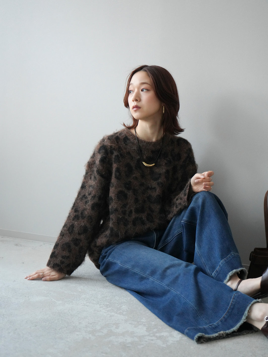 [SET]レオパードシャギーニットプルオーバー+裏起毛裾フリンジワイドデニムパンツ(2set)