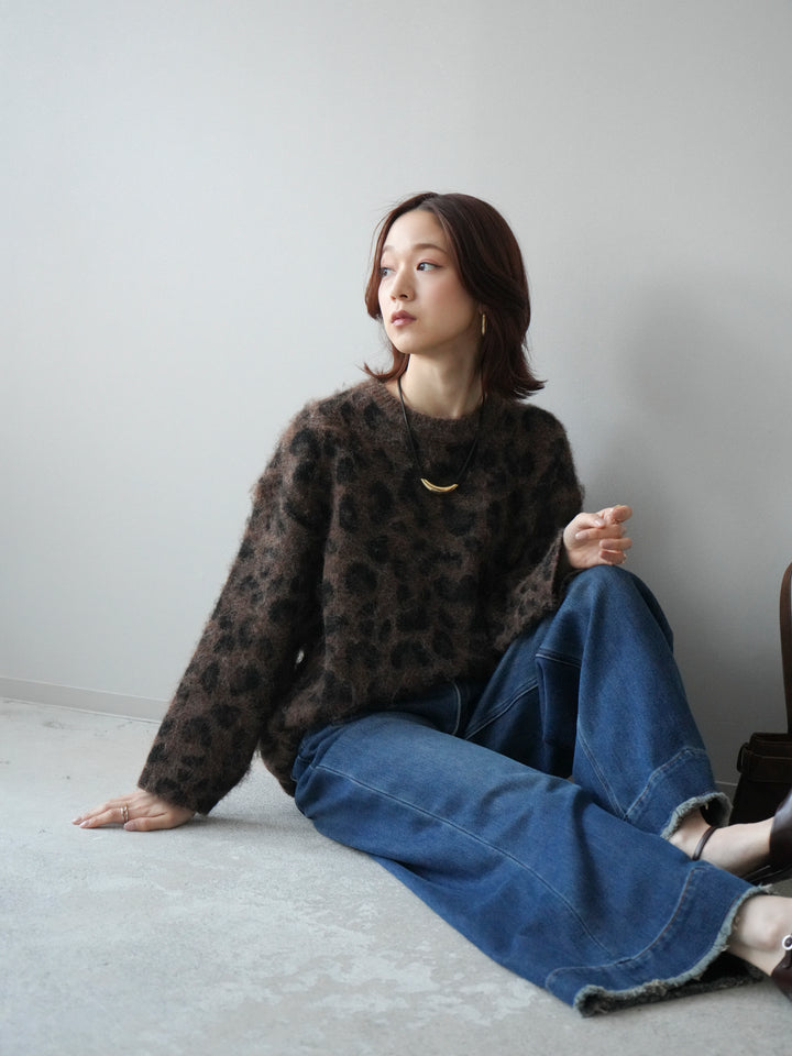 [SET]レオパードシャギーニットプルオーバー+裏起毛裾フリンジワイドデニムパンツ(2set)
