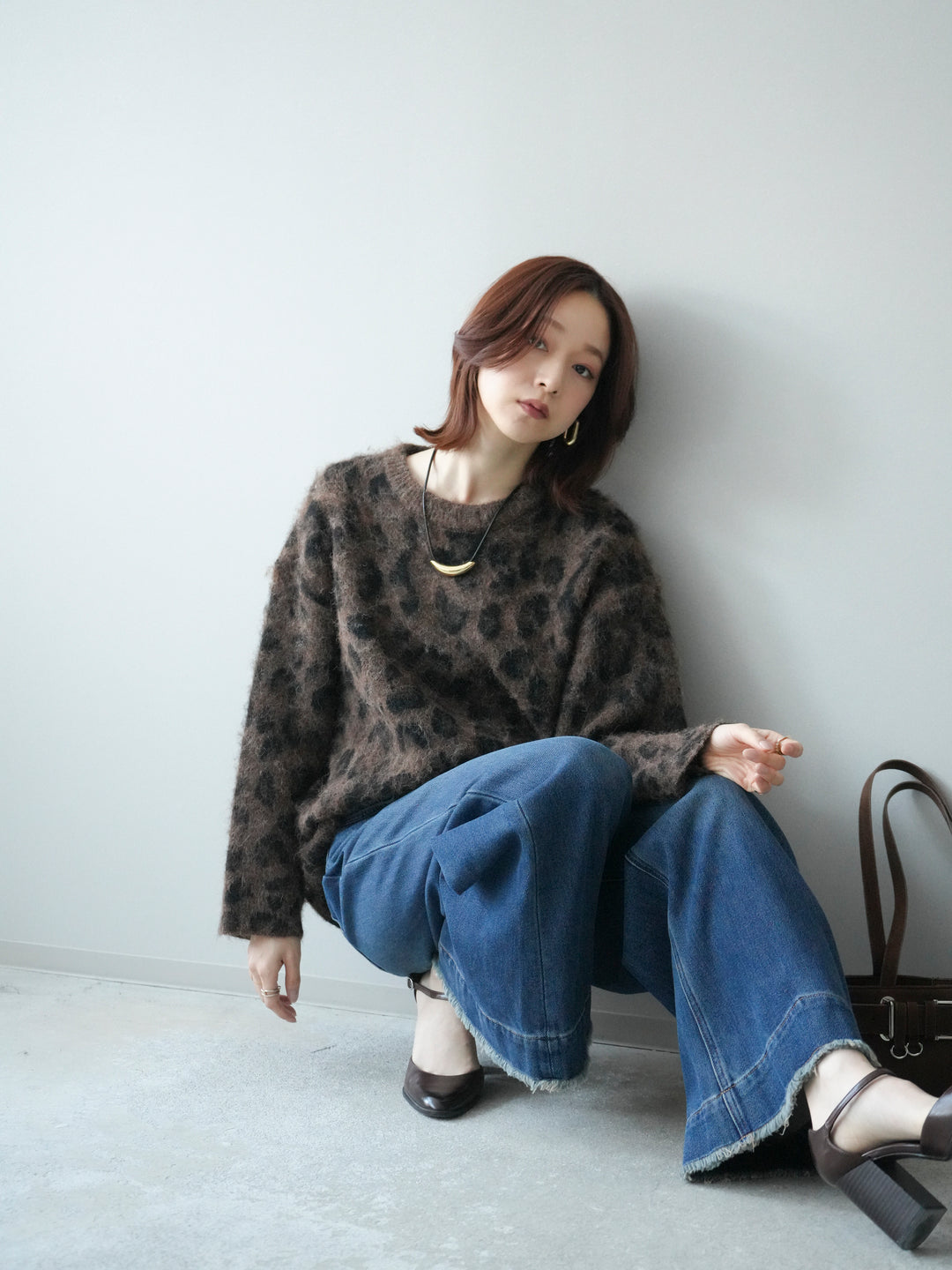 [SET]レオパードシャギーニットプルオーバー+裏起毛裾フリンジワイドデニムパンツ(2set)