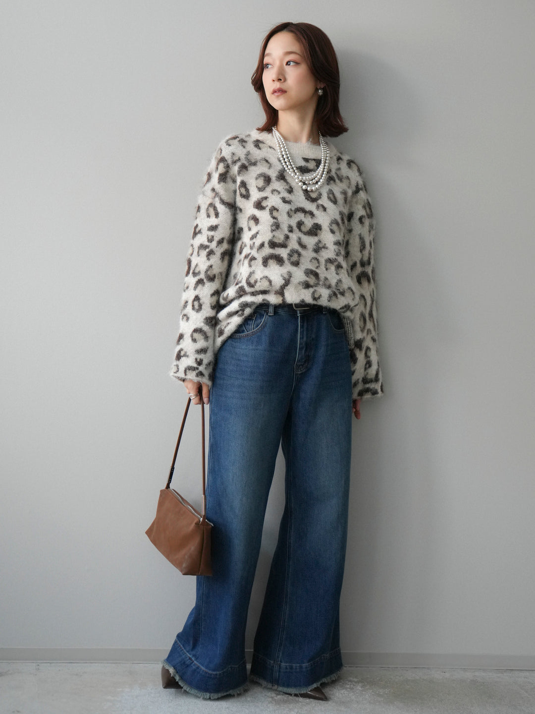 [SET]レオパードシャギーニットプルオーバー+裏起毛裾フリンジワイドデニムパンツ(2set)