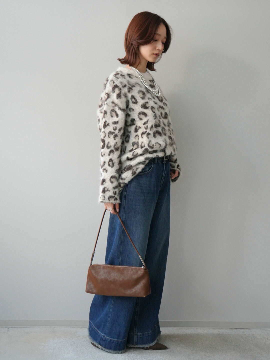 [SET]レオパードシャギーニットプルオーバー+裏起毛裾フリンジワイドデニムパンツ(2set)