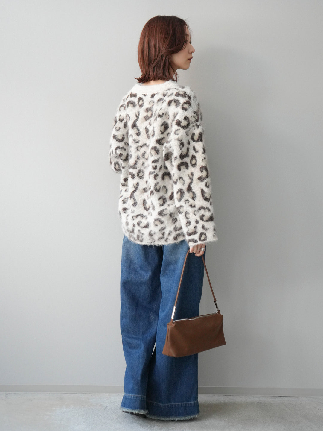 [SET]レオパードシャギーニットプルオーバー+裏起毛裾フリンジワイドデニムパンツ(2set)