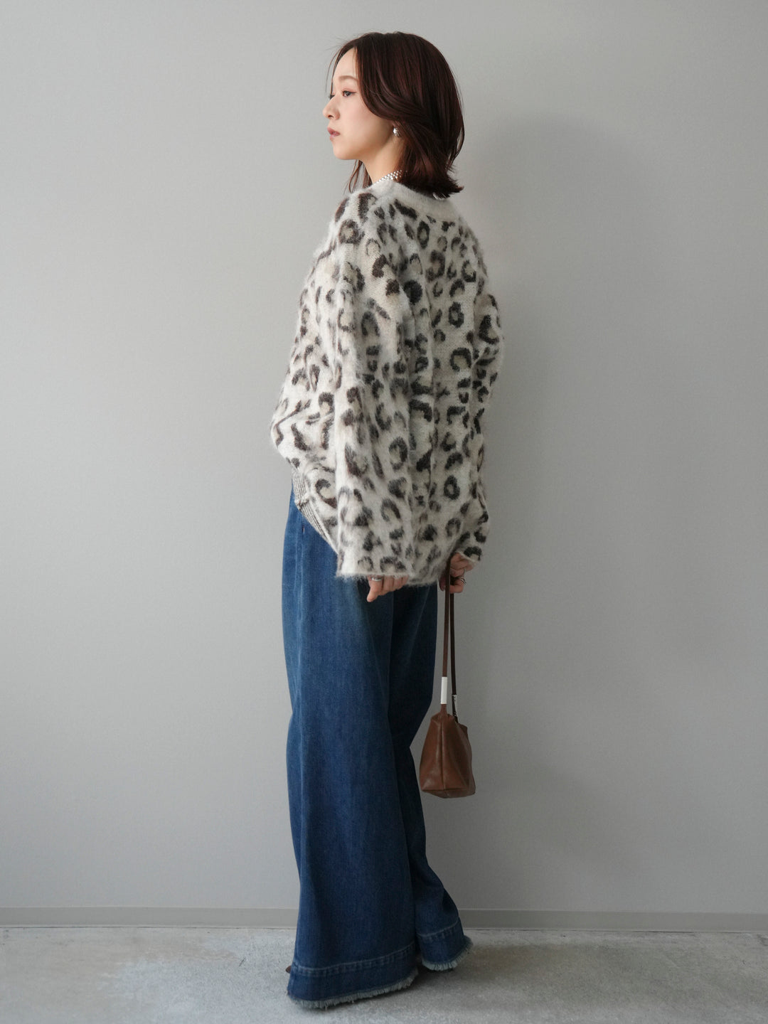 [SET]レオパードシャギーニットプルオーバー+裏起毛裾フリンジワイドデニムパンツ(2set)