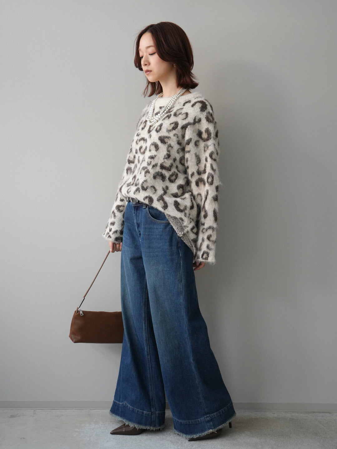 [SET]レオパードシャギーニットプルオーバー+裏起毛裾フリンジワイドデニムパンツ(2set)