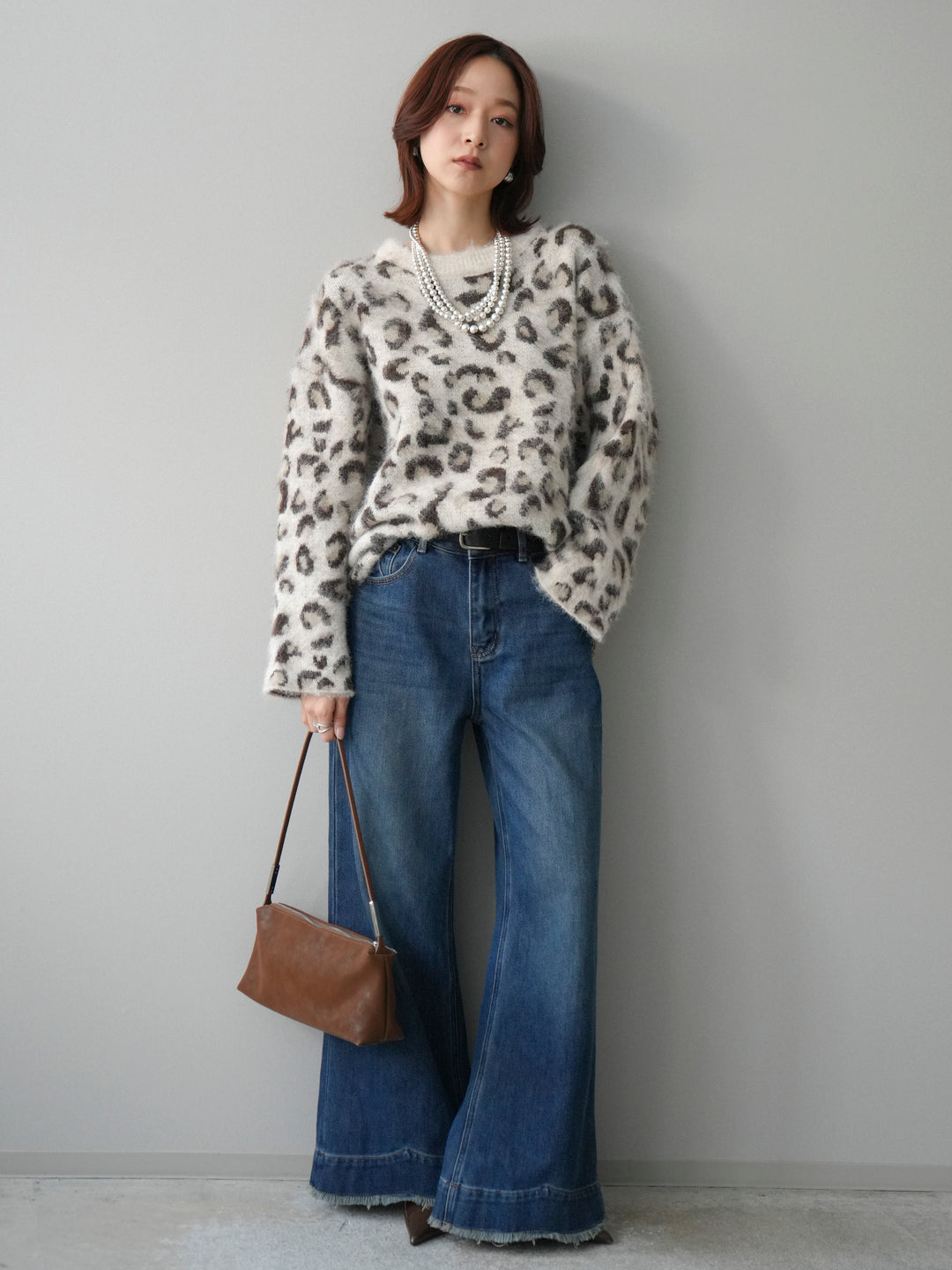[SET]レオパードシャギーニットプルオーバー+裏起毛裾フリンジワイドデニムパンツ(2set)