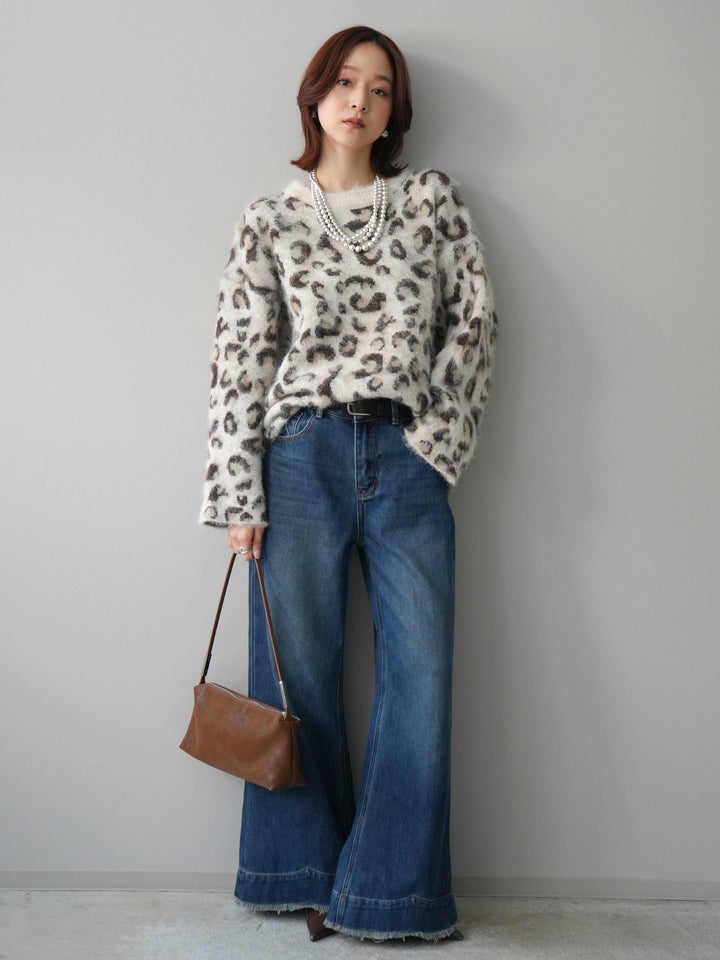 [SET]レオパードシャギーニットプルオーバー+裏起毛裾フリンジワイドデニムパンツ(2set)