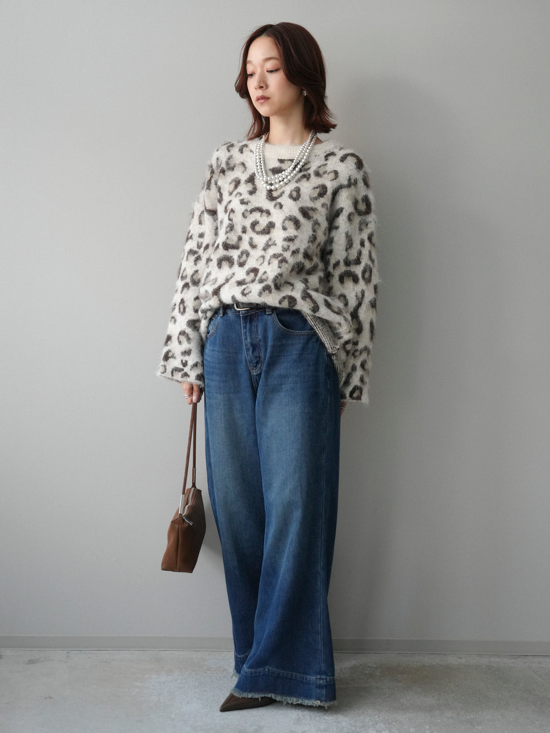 [SET]レオパードシャギーニットプルオーバー+裏起毛裾フリンジワイドデニムパンツ(2set)