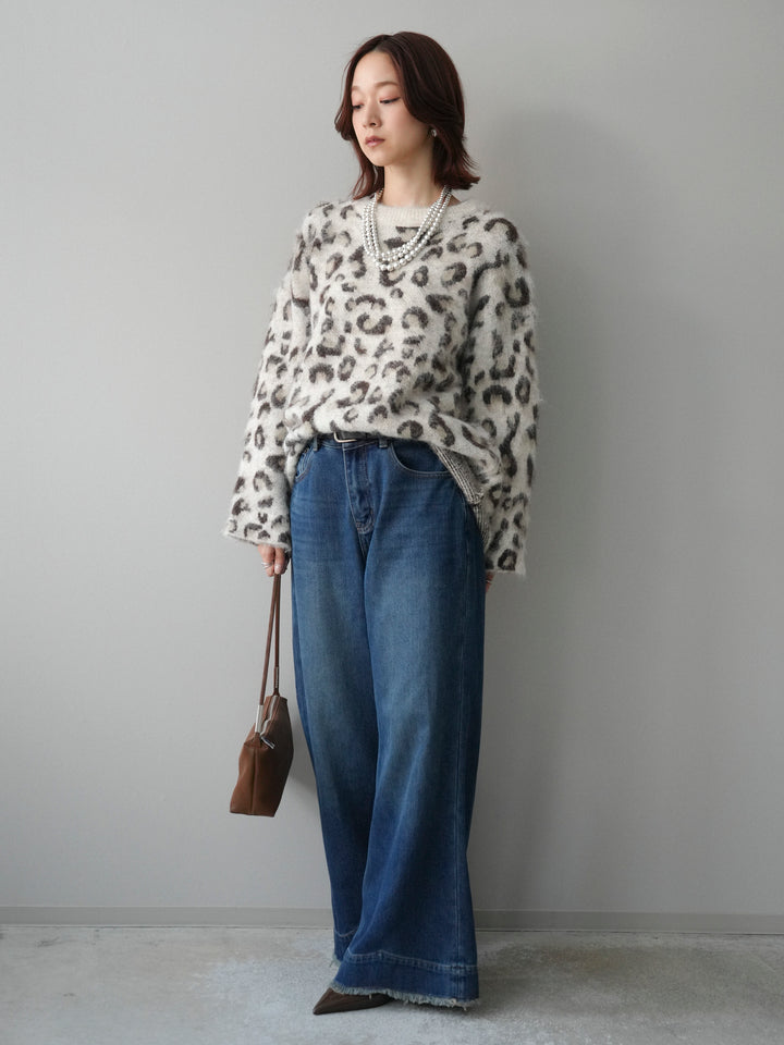 [SET]レオパードシャギーニットプルオーバー+裏起毛裾フリンジワイドデニムパンツ(2set)