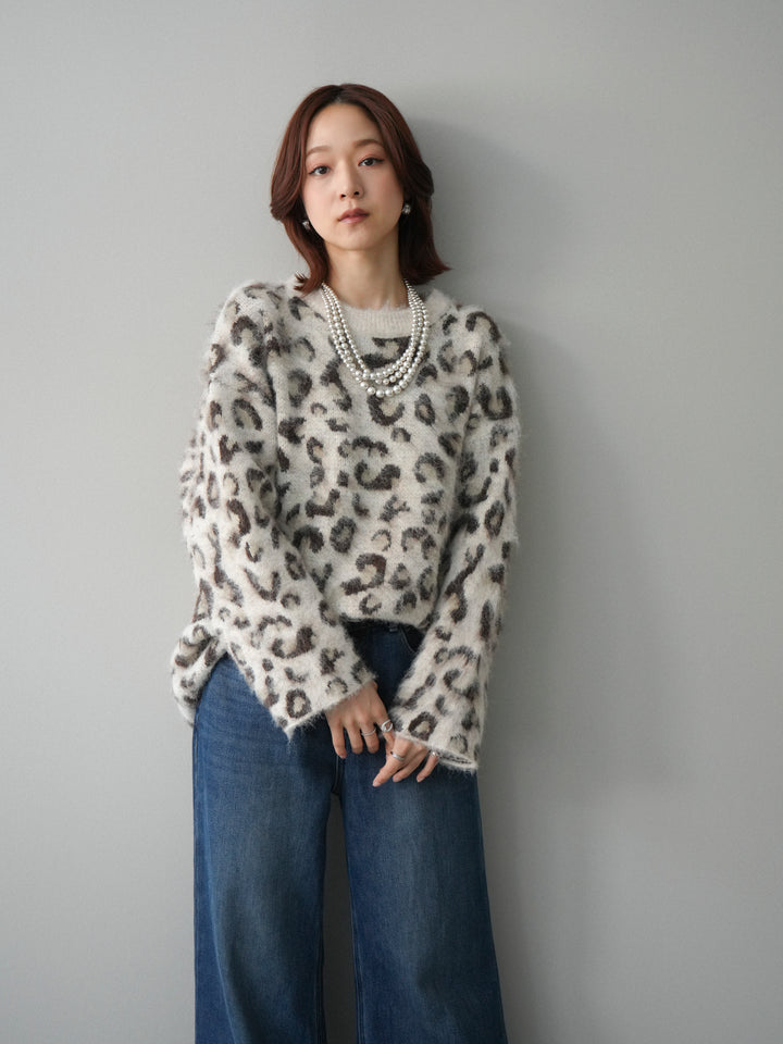 [SET]レオパードシャギーニットプルオーバー+裏起毛裾フリンジワイドデニムパンツ(2set)
