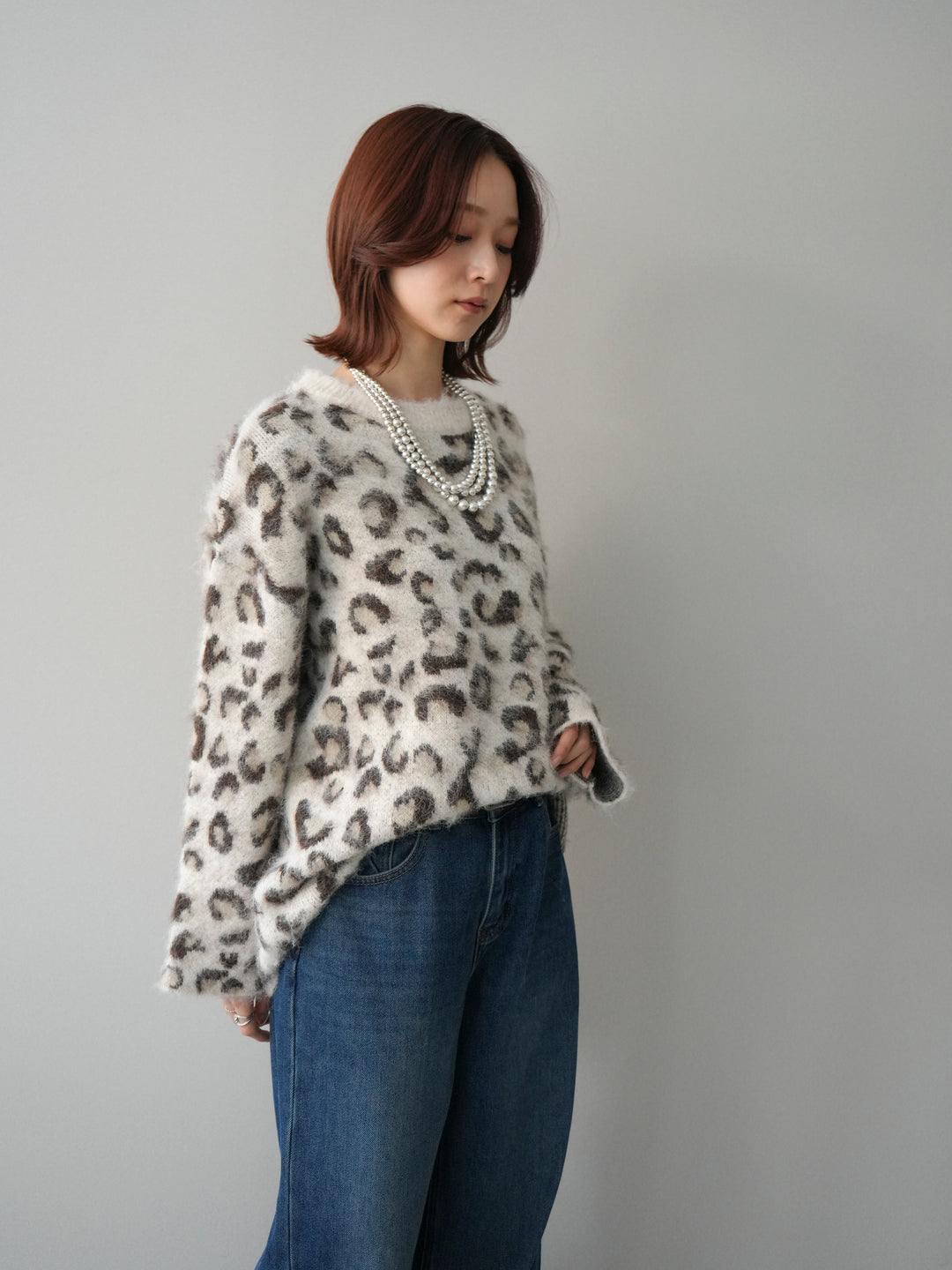 [SET]レオパードシャギーニットプルオーバー+裏起毛裾フリンジワイドデニムパンツ(2set)