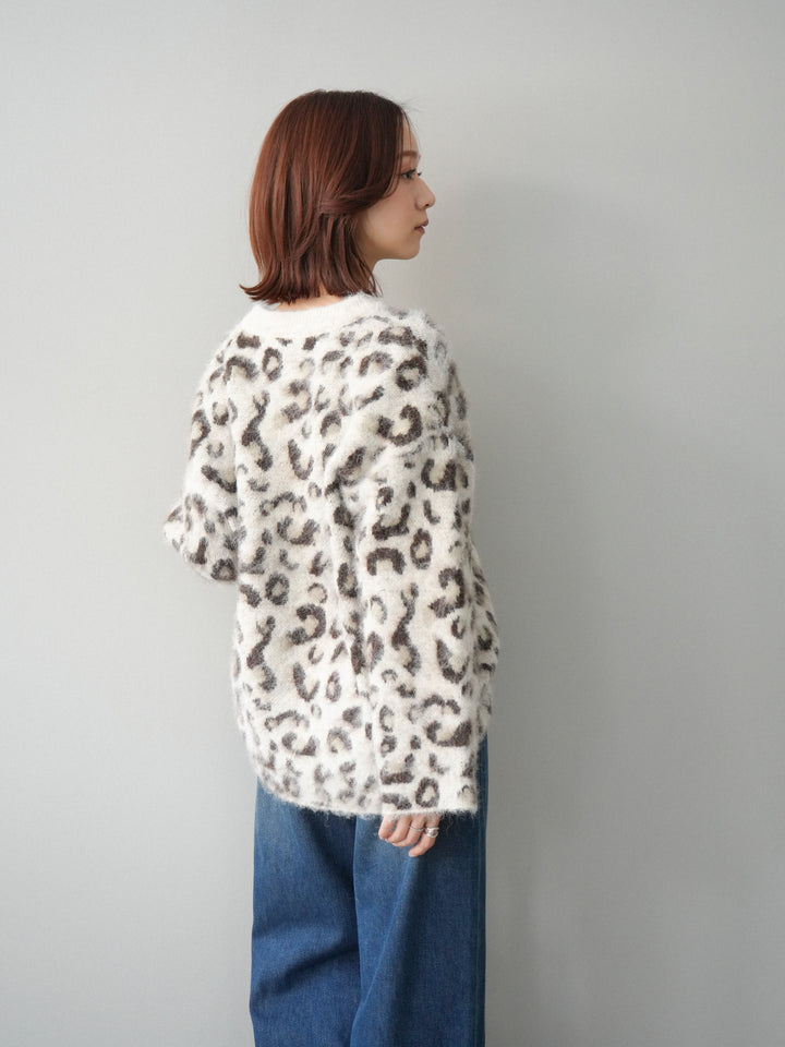 [SET]レオパードシャギーニットプルオーバー+裏起毛裾フリンジワイドデニムパンツ(2set)