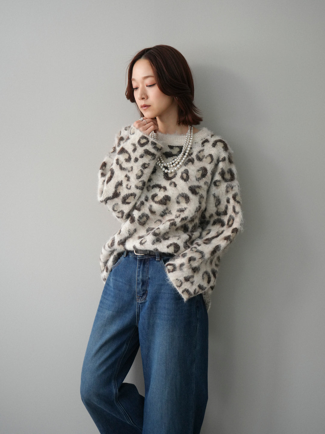 [SET]レオパードシャギーニットプルオーバー+裏起毛裾フリンジワイドデニムパンツ(2set)