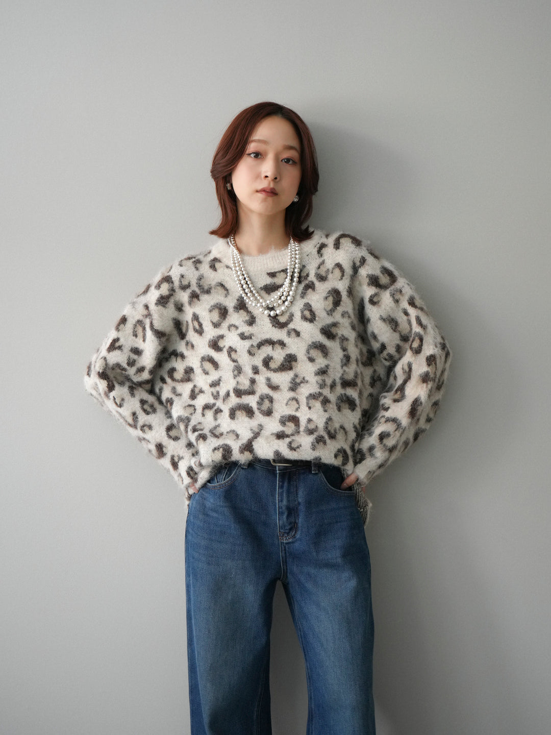 [SET]レオパードシャギーニットプルオーバー+裏起毛裾フリンジワイドデニムパンツ(2set)