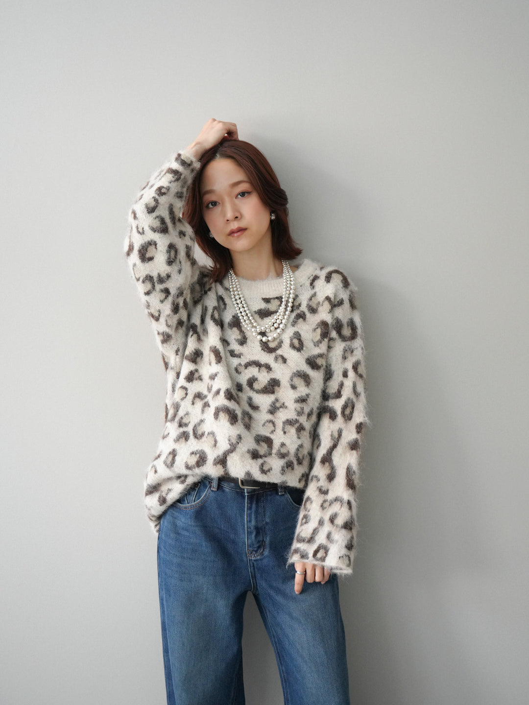 [SET]レオパードシャギーニットプルオーバー+裏起毛裾フリンジワイドデニムパンツ(2set)