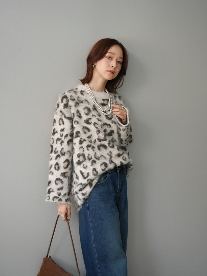 [SET]レオパードシャギーニットプルオーバー+裏起毛裾フリンジワイドデニムパンツ(2set)