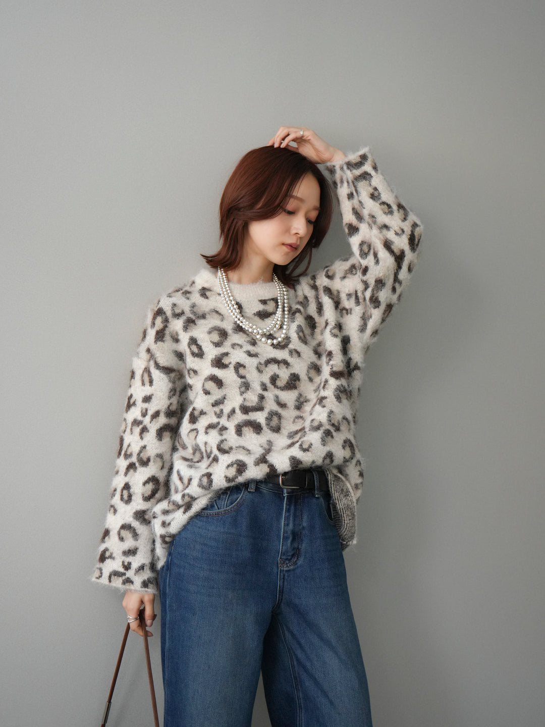 [SET]レオパードシャギーニットプルオーバー+裏起毛裾フリンジワイドデニムパンツ(2set)